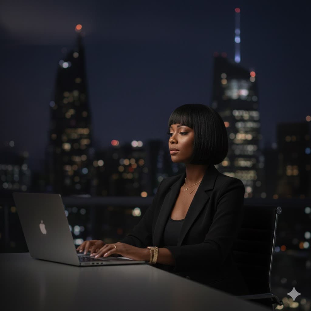 Her Divine Hustle - Ambitious Woman Working Late